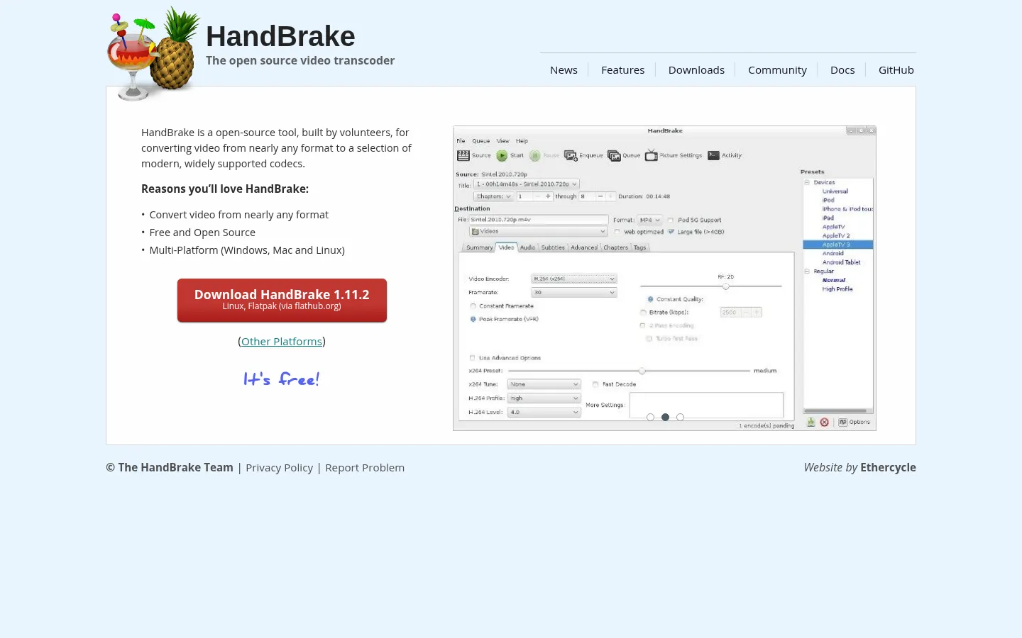 HandBrake: Open Source Video Transcoder 网站预览图