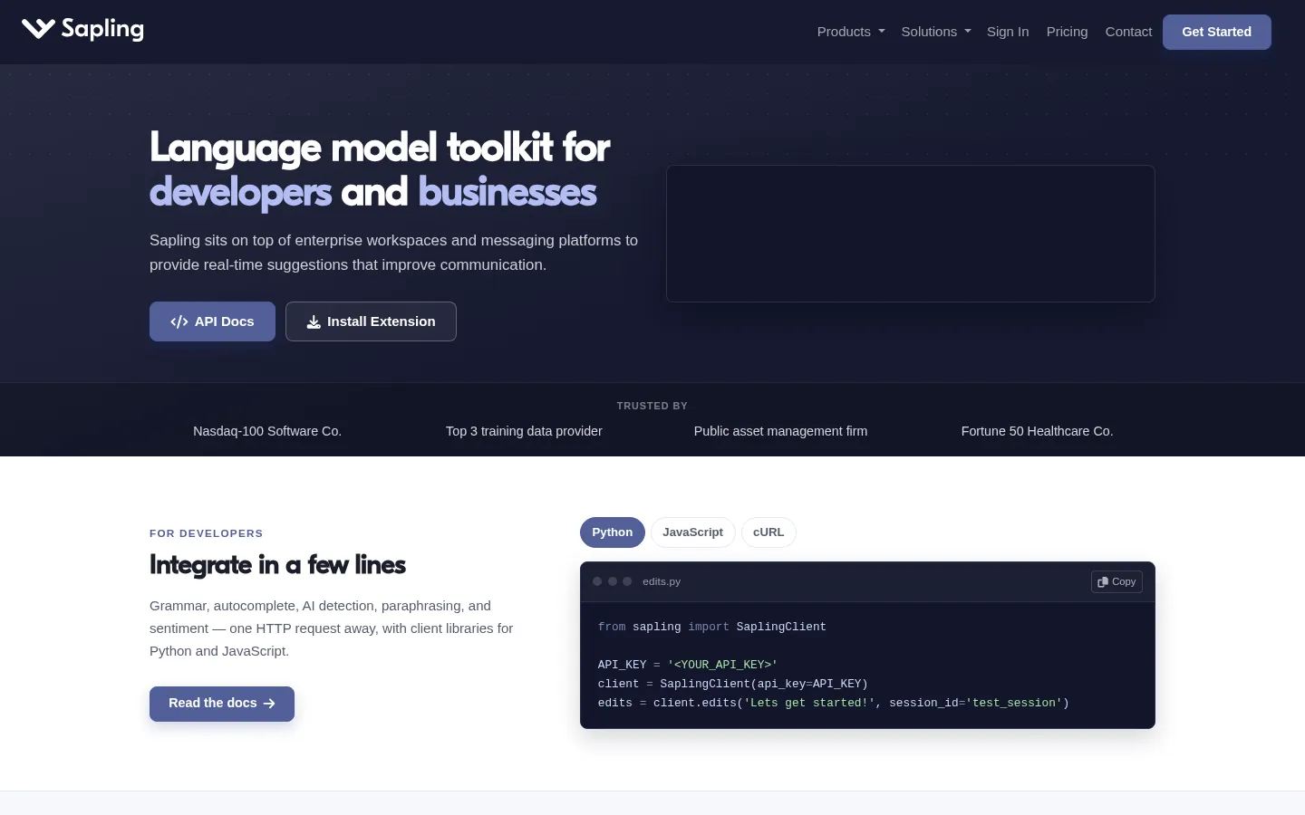 Language Model API Toolkit and Assistant | Sapling 网站预览图
