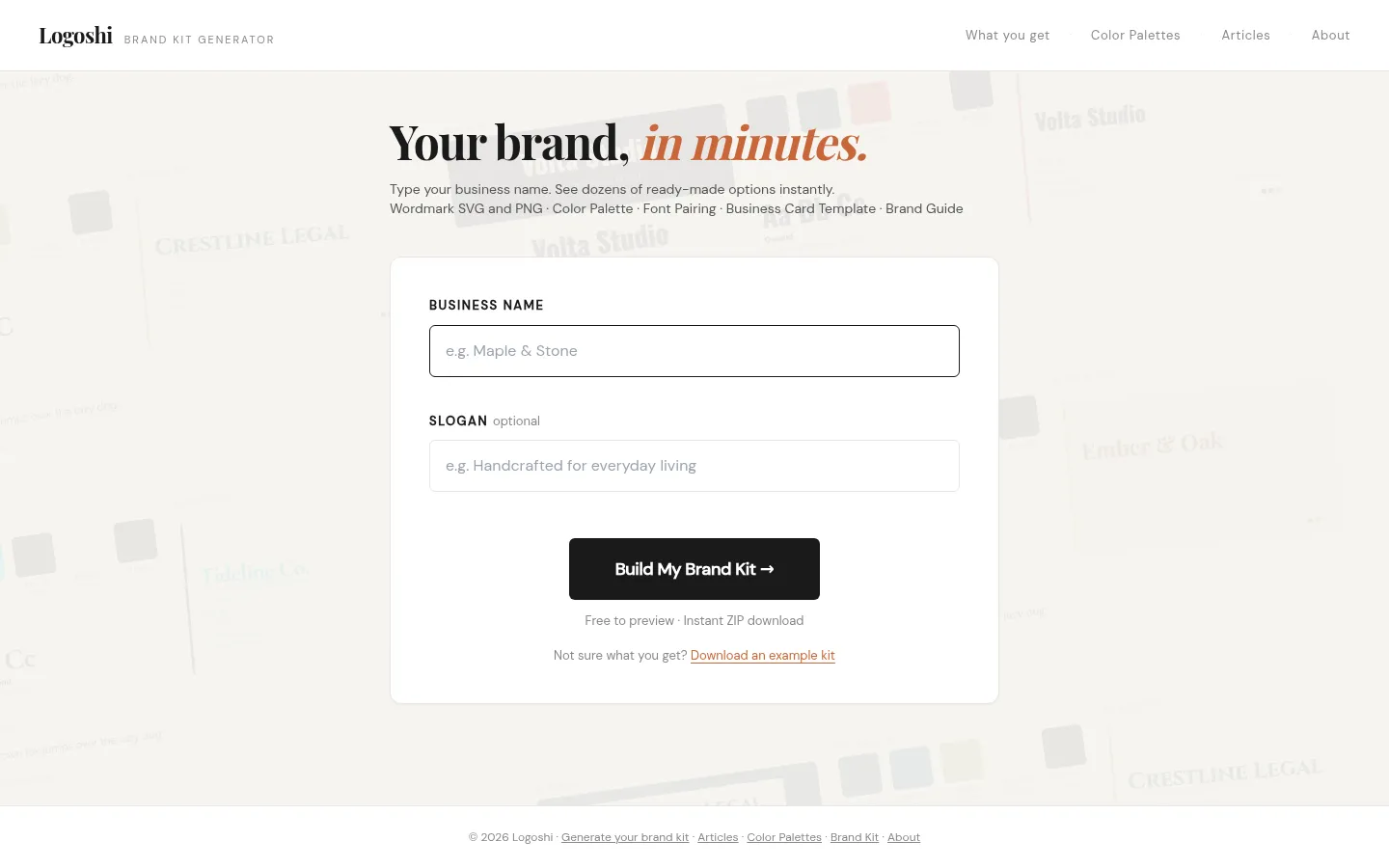 Brand Kit Generator: Wordmark, Colors & Fonts | Logoshi 网站预览图