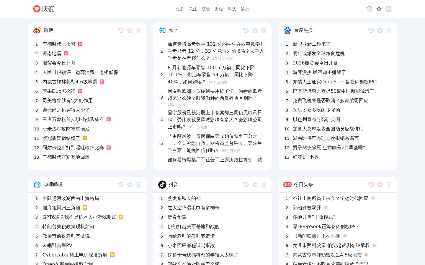 快豹速览 - 今日头条新鲜事 百度知乎微博热搜热榜 网站预览图