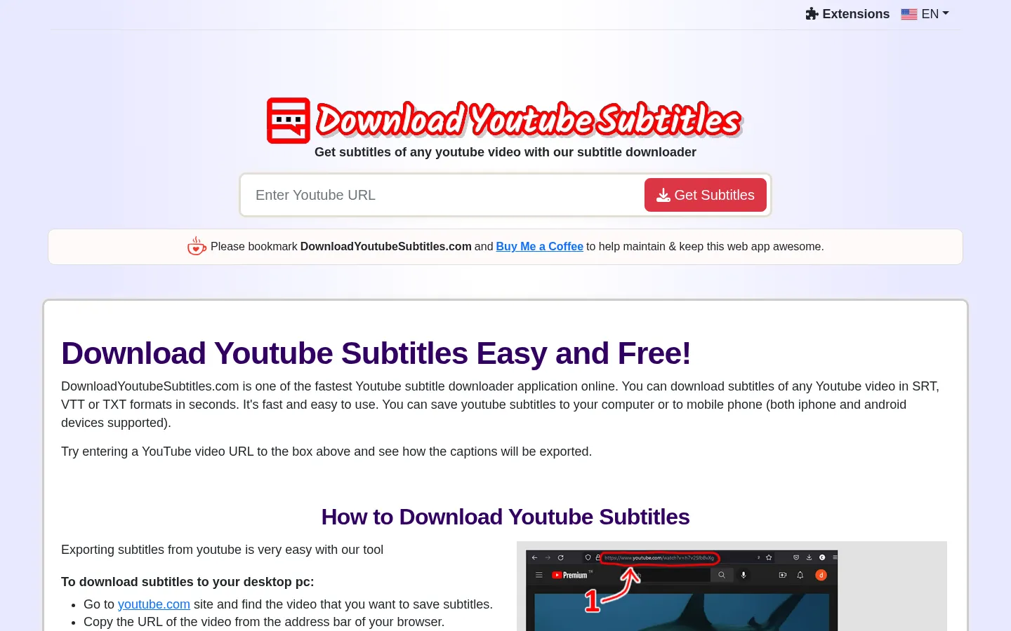 Youtube Subtitle Downloader - DownloadYoutubeSubtitles.com 网站预览图