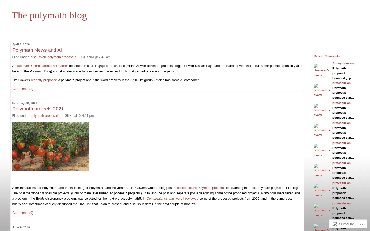 The polymath blog | Massively collaborative mathematical projects 网站预览图