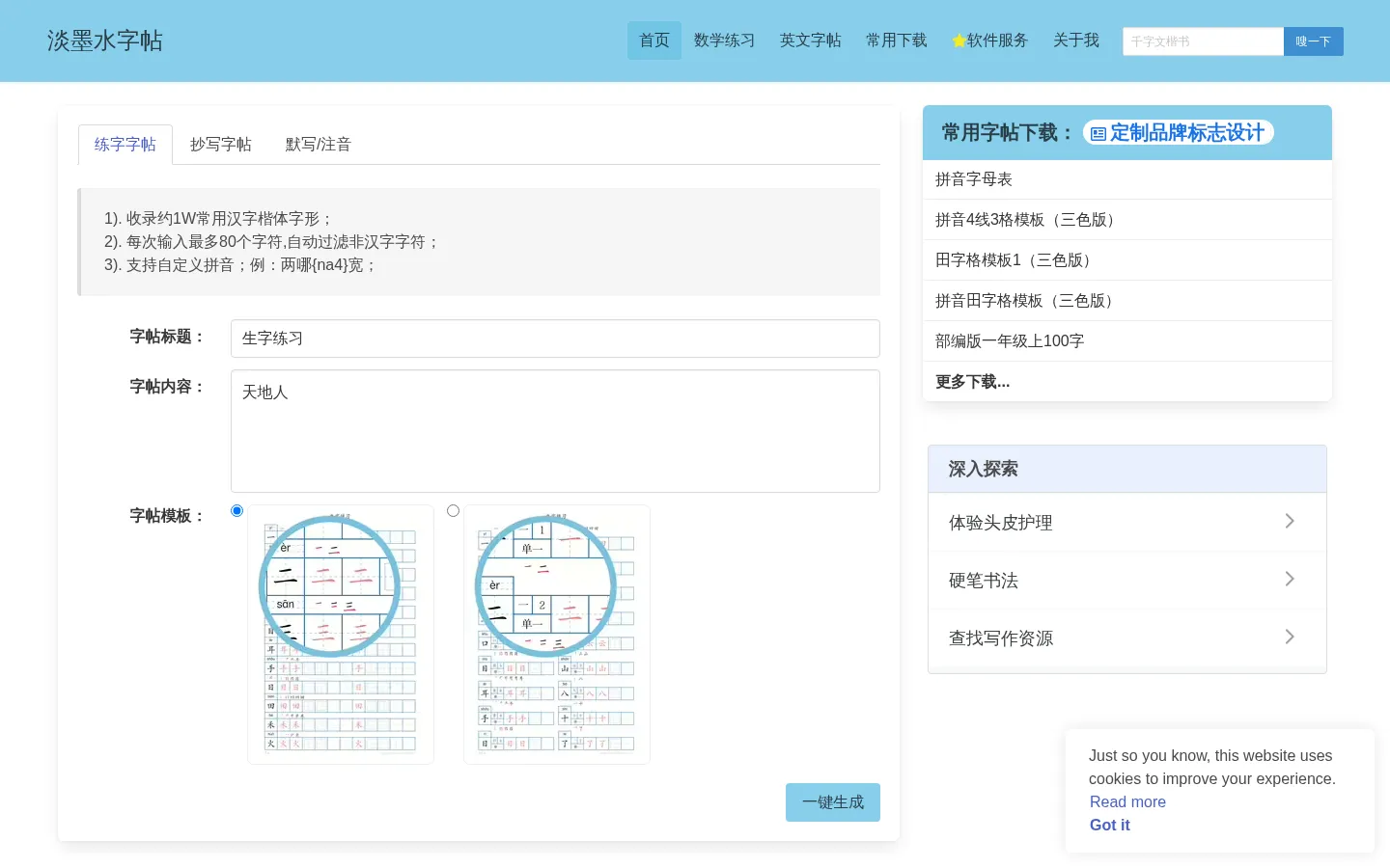 字帖在线生成 - 淡墨水字帖 网站预览图