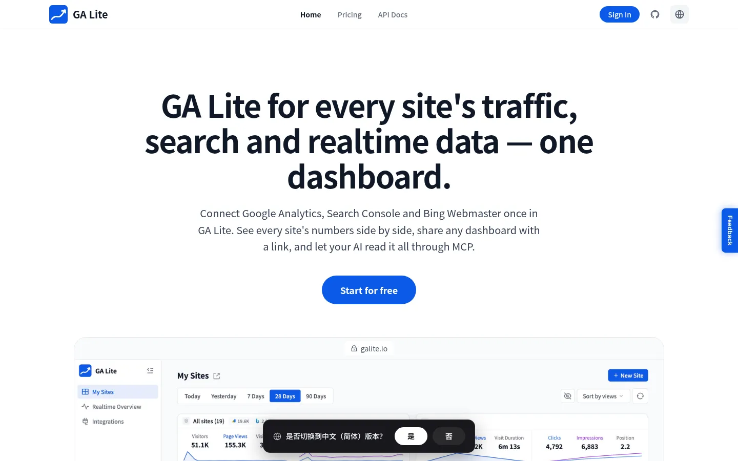 GA Lite — Multi-Account Google Analytics Dashboard 网站预览图