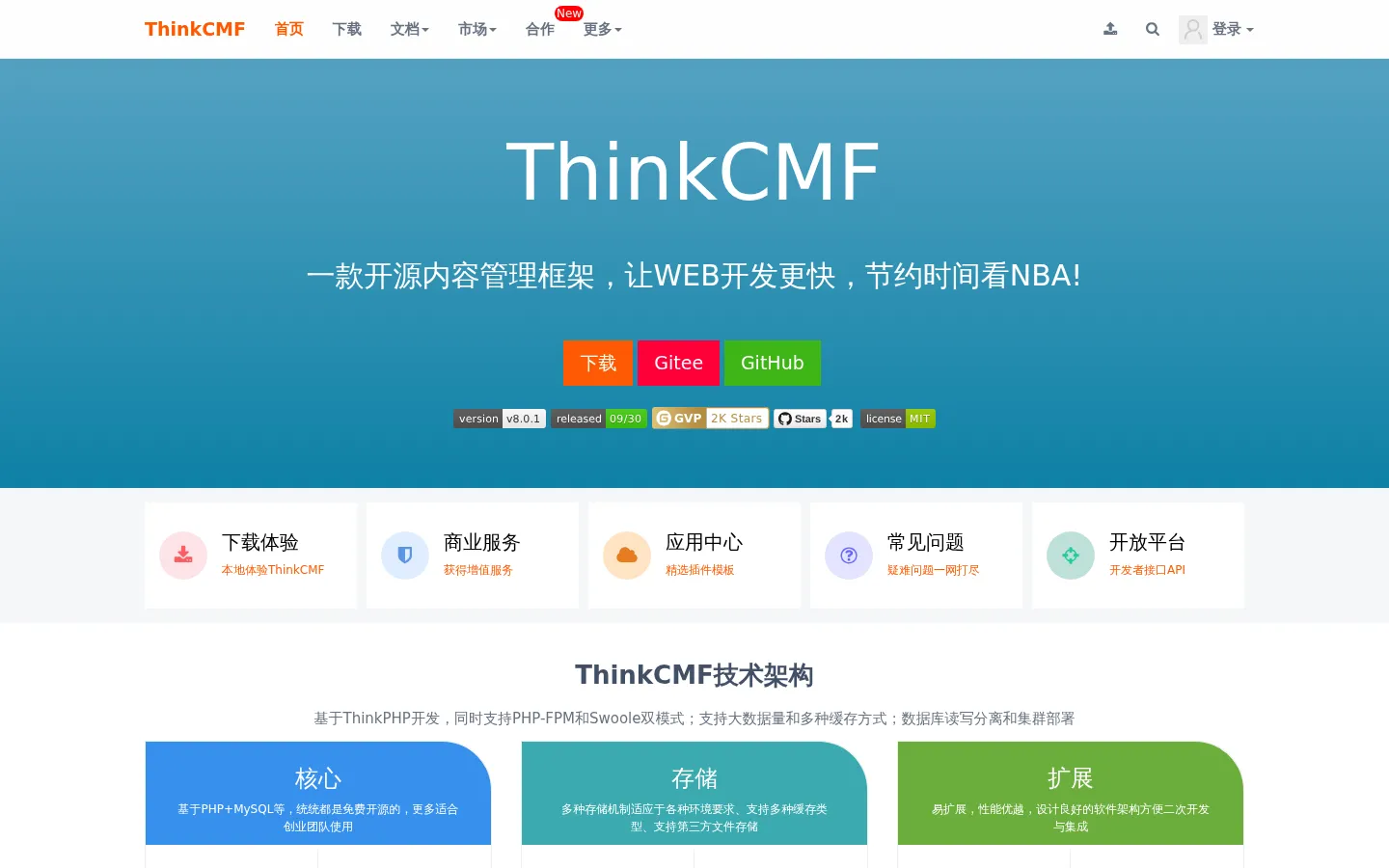 首页 ThinkCMF内容管理框架 网站预览图