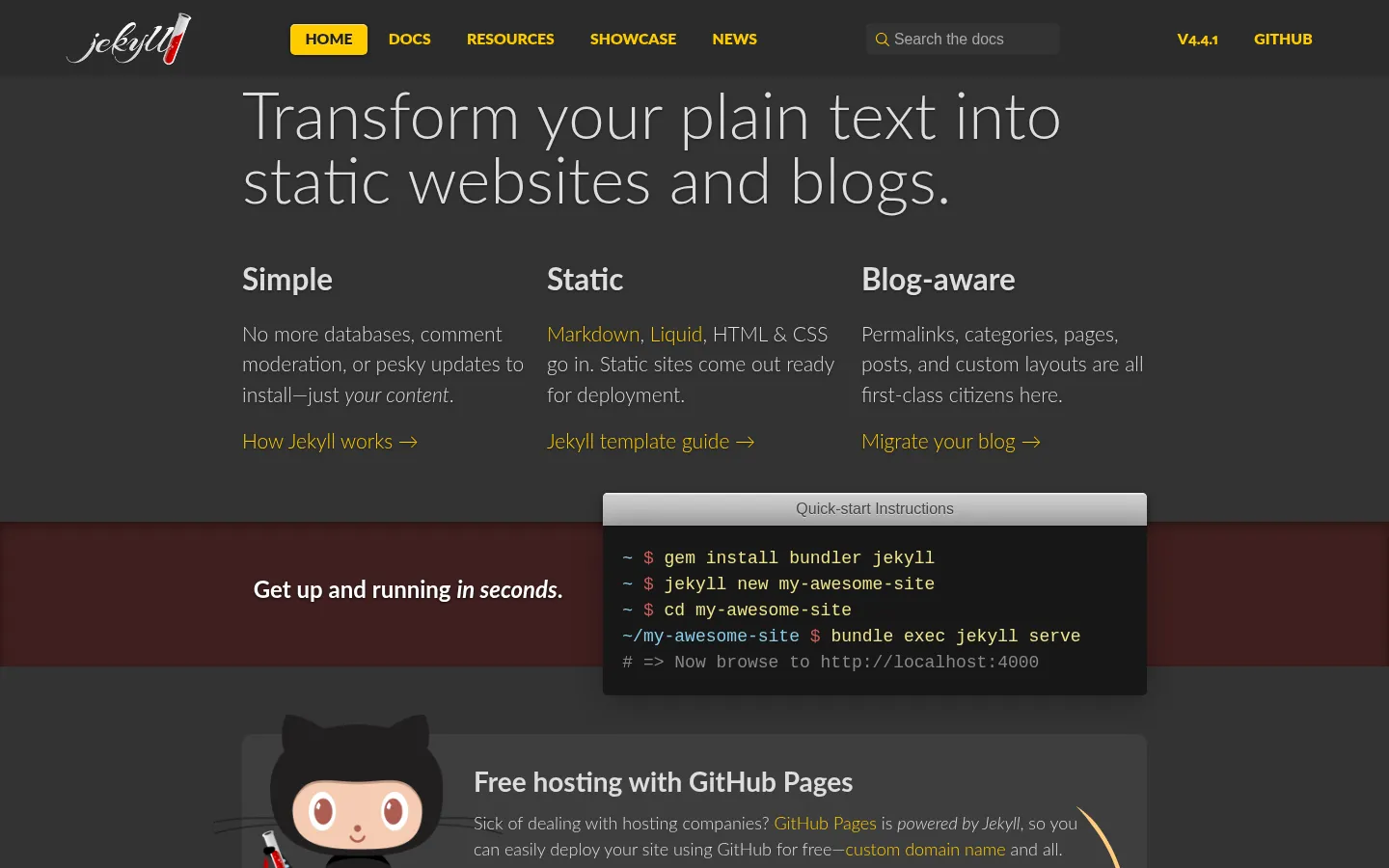 Jekyll • Simple, blog-aware, static sites | Transform your plain text into static websites and blogs 网站预览图
