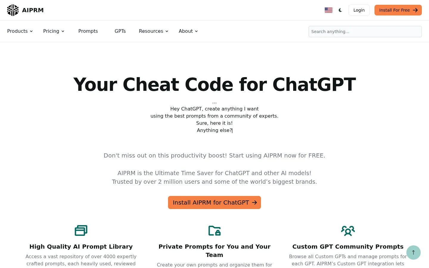 AIPRM: Your Cheat Code for ChatGPT · AIPRM 网站预览图