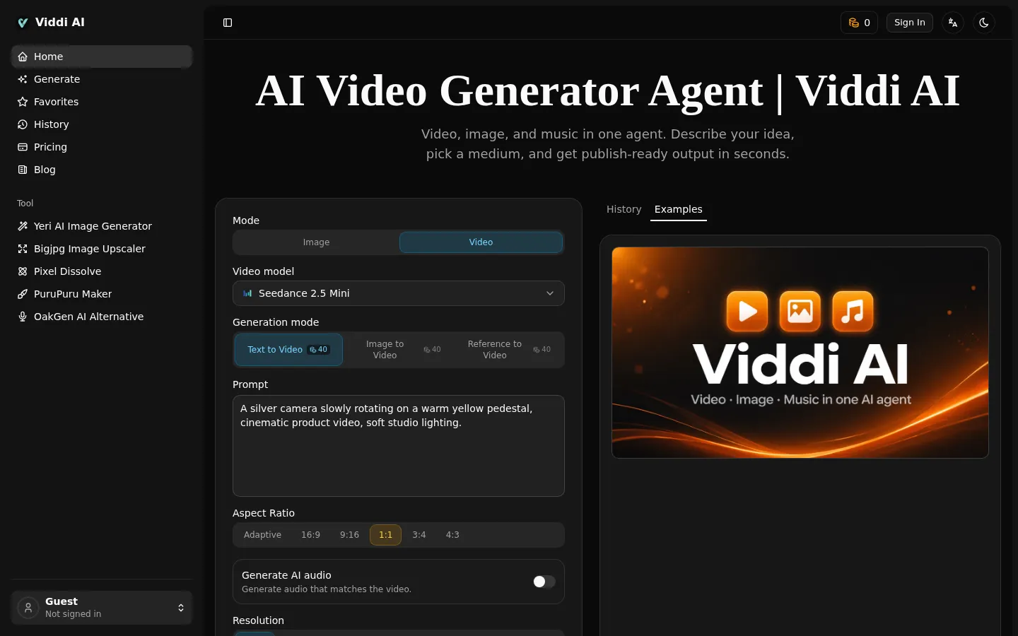 Free AI Video Generator Agent Online | Viddi AI 网站预览图