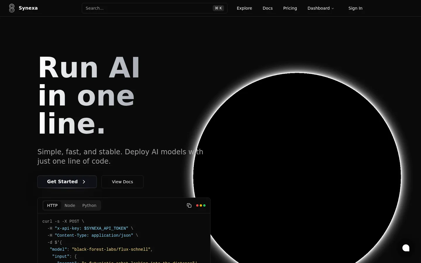Synexa AI: Deploy AI Models in One Line of Code 网站预览图