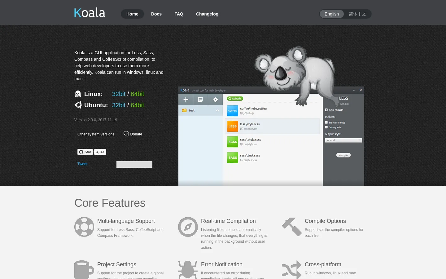 Koala - a gui application for LESS, Sass, Compass and CoffeeScript compilation. 网站预览图