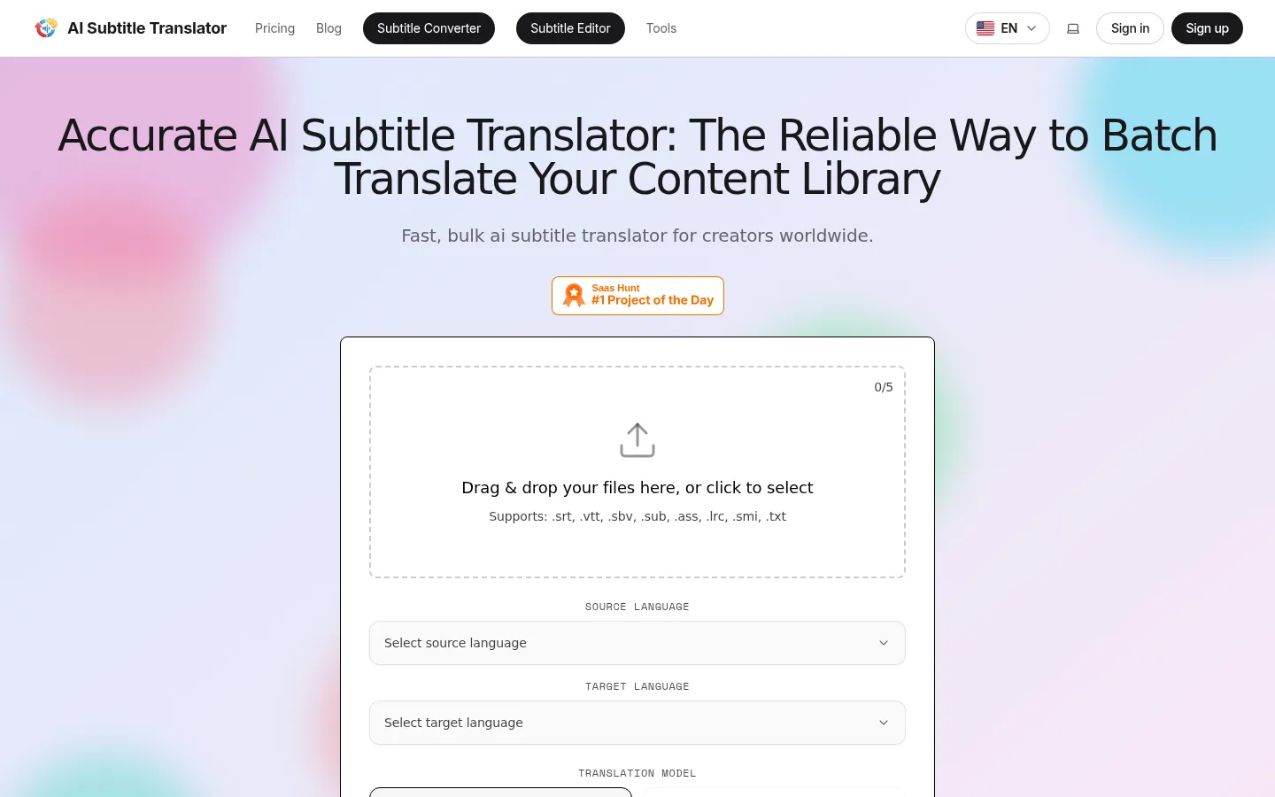 AI Subtitle Translator - Fast, Accurate | SRT Translator 网站预览图