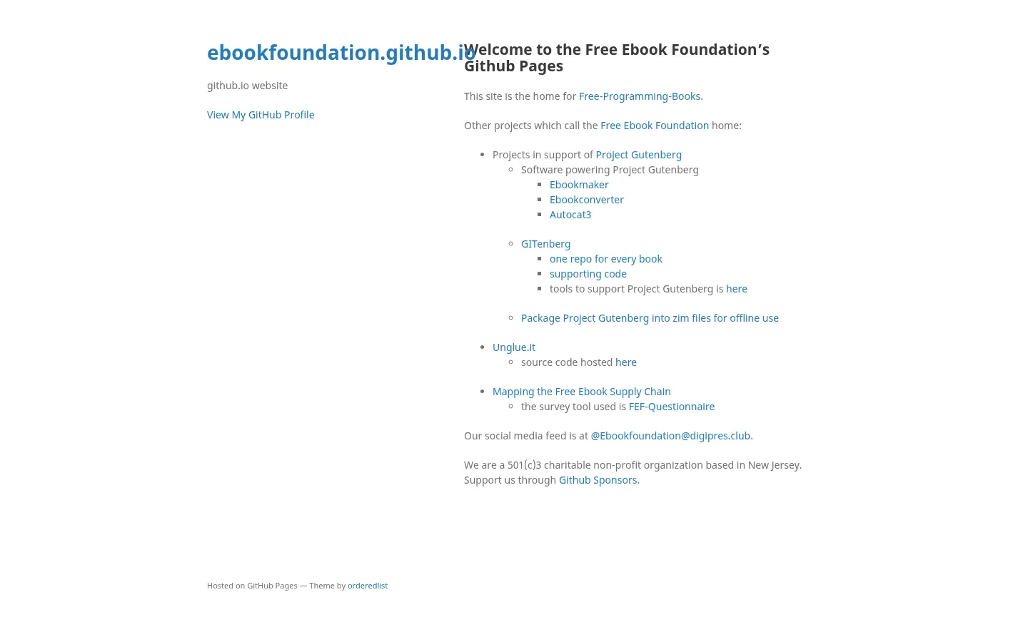 Welcome to the Free Ebook Foundation’s Github Pages | ebookfoundation.github.io 网站预览图