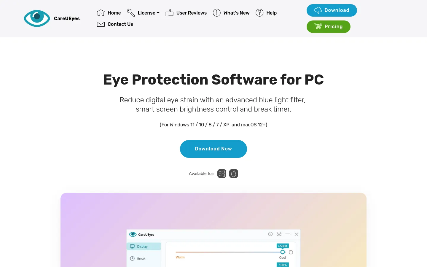 CareUEyes - Eye Protection & Blue Light Filter for PC 网站预览图