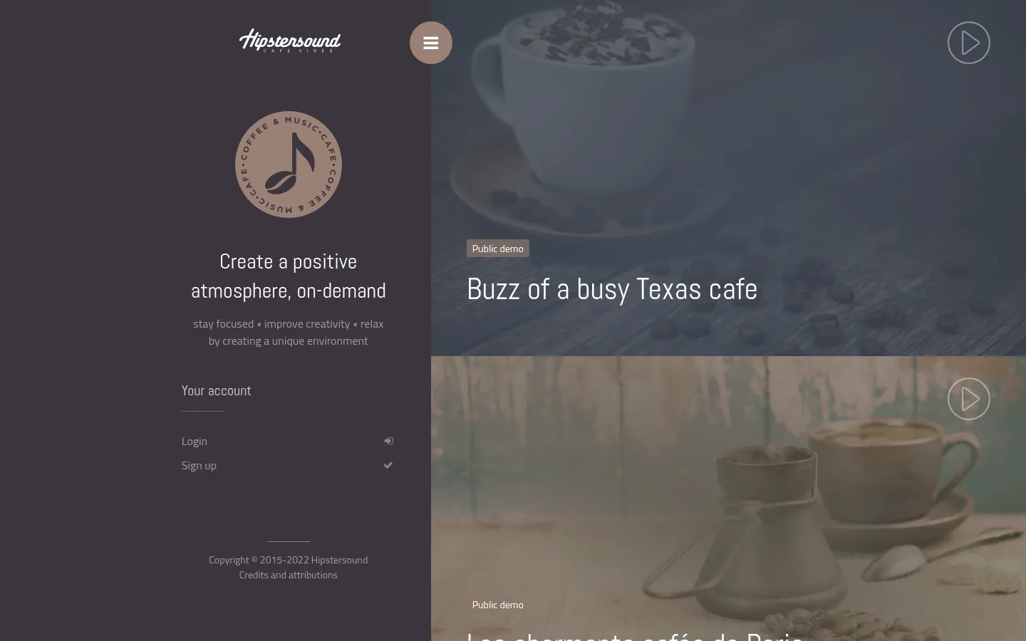 Hipstersound | Cafe Restaurant ambient noise generator to create a positive work environment 网站预览图