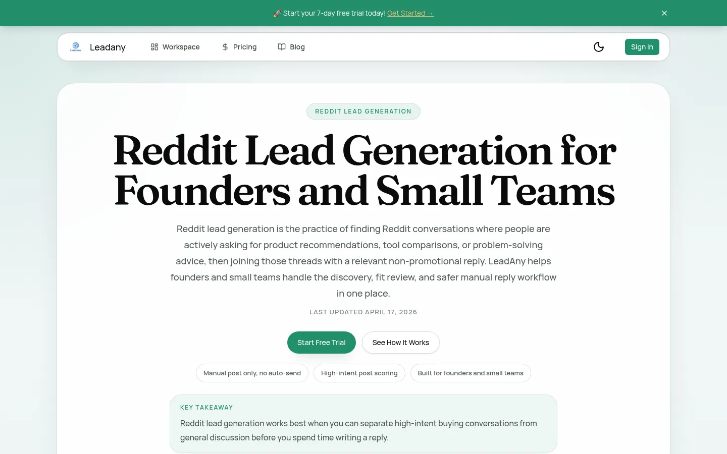 Reddit Lead Generation for Founders & Small Teams | LeadAny 网站预览图