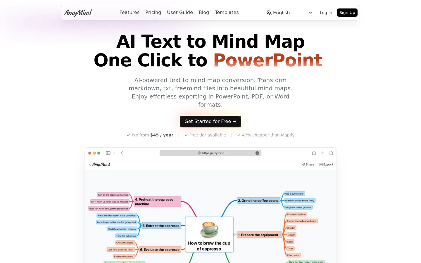 AmyMind - AI Mind Map Generator | Free AI-Powered Mind Mapping Tool 网站预览图