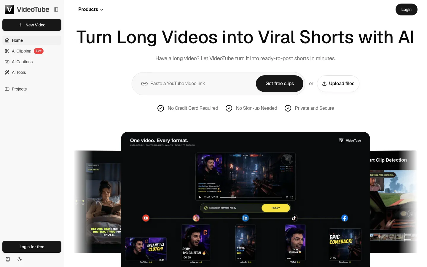 VideoTube: Turn Long Videos into Viral Shorts with AI 网站预览图