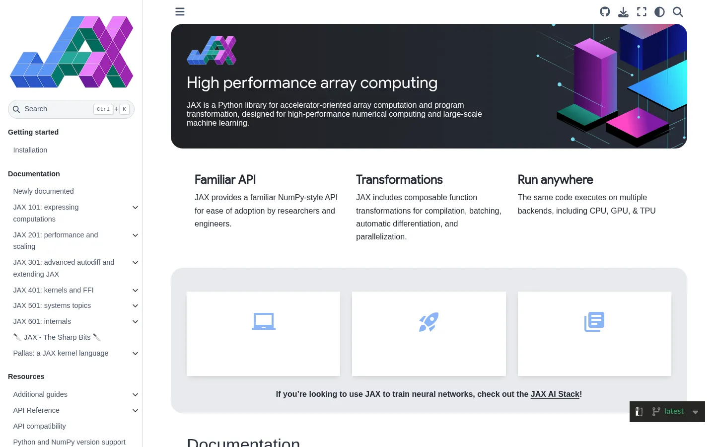 JAX: High performance array computing — JAX documentation 网站预览图