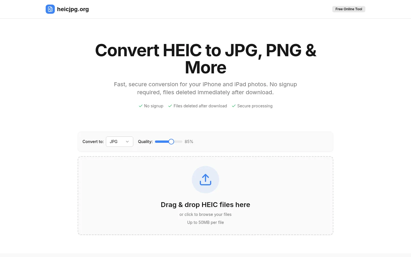 HEIC to JPG Converter - Free Online HEIC Image Converter | heicjpg.org 网站预览图