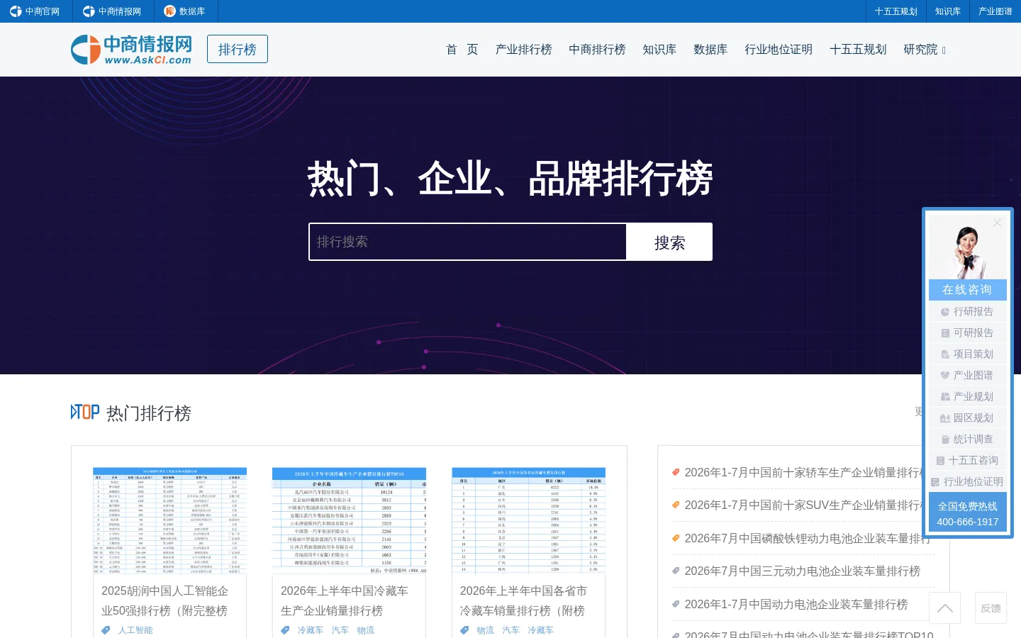 排行榜-企业排名-100强排名-500强排名-中商情报网 网站预览图