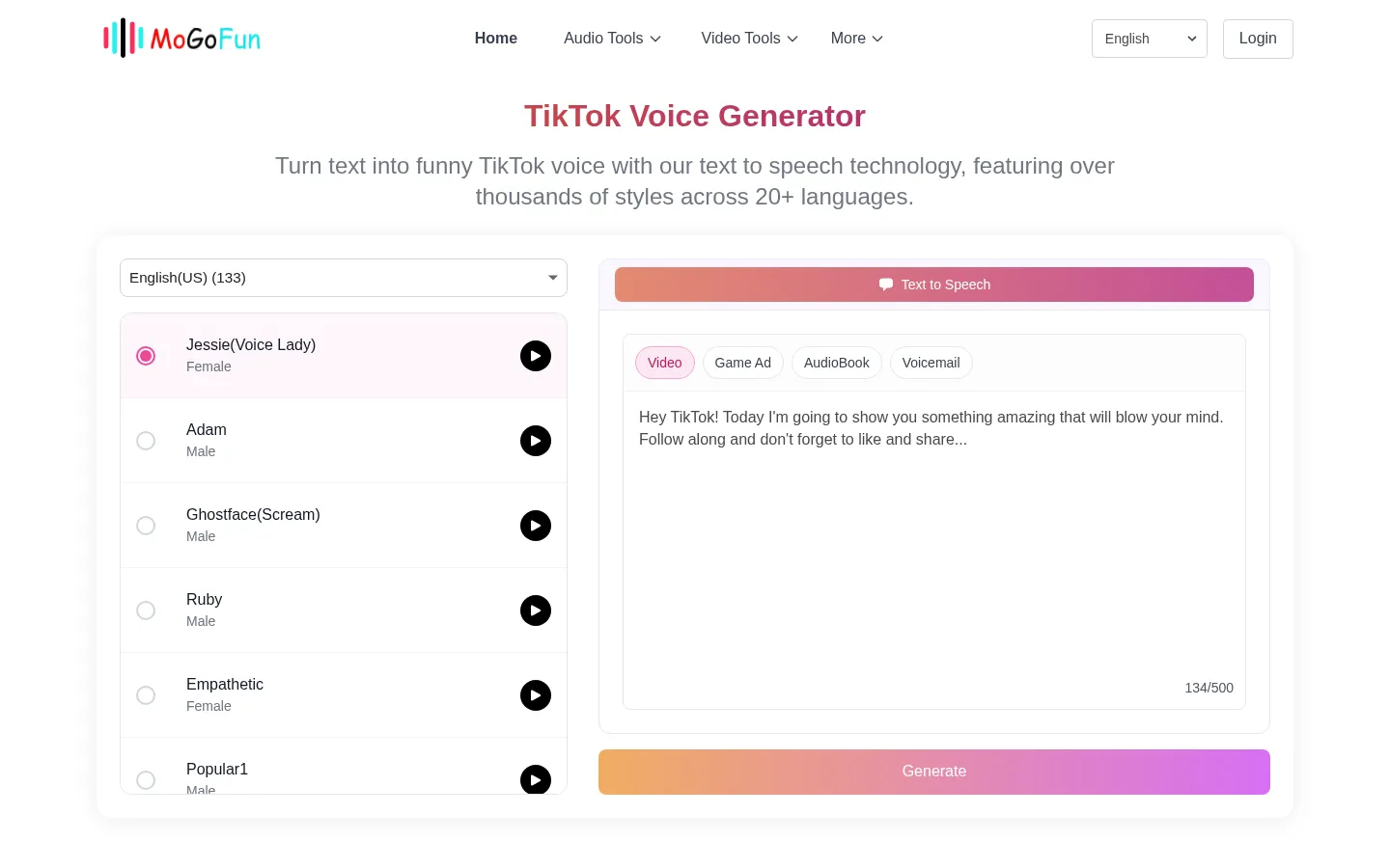MoGoFun: TikTok Voice Generator, Generate funny TikTok AI Voice 网站预览图