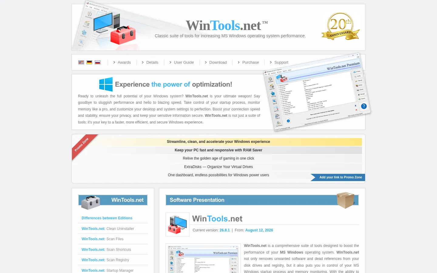 WINTOOLS OFFICIAL SITE: WinTools - Classic MS Windows optimization software 网站预览图