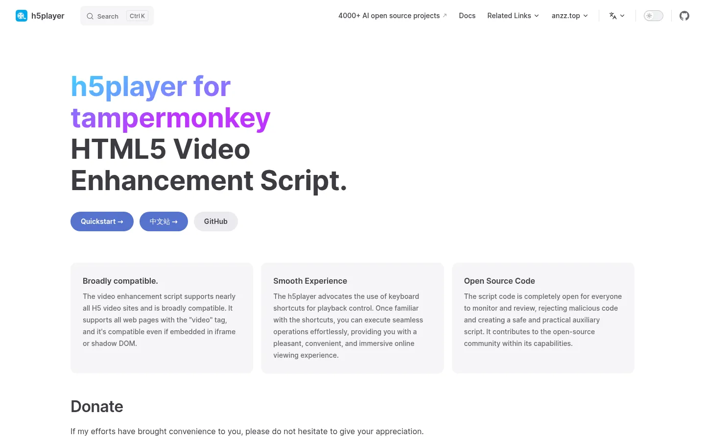 HTML5 Video Enhancement Script | h5player 网站预览图