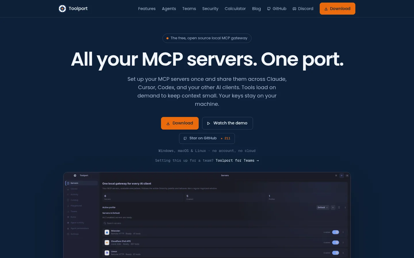 Toolport | One local MCP gateway for every AI agent 网站预览图