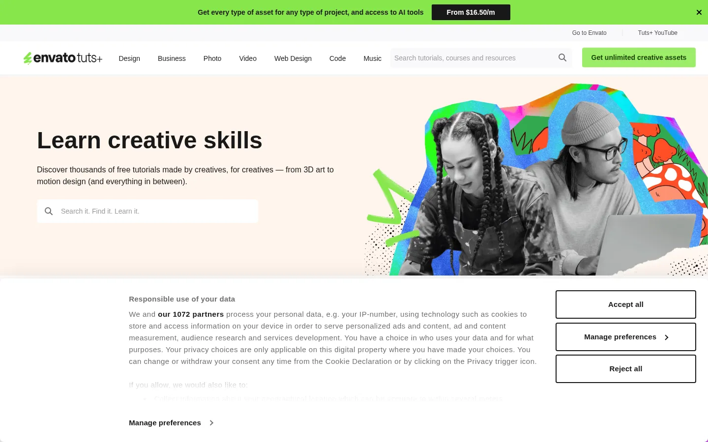 Free Courses, Tutorials, Tips & Tricks with Envato Tuts+ 网站预览图