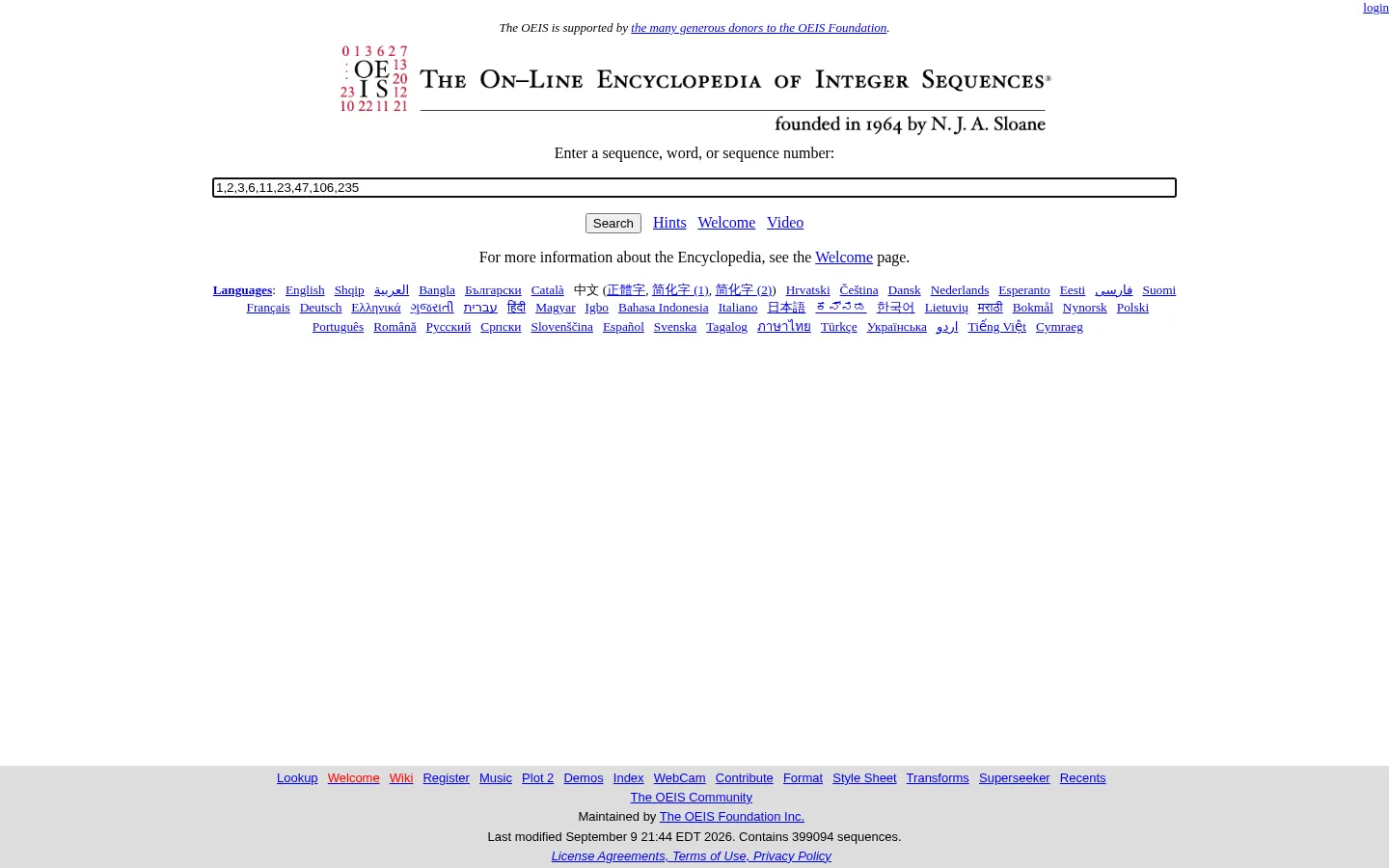 The On-Line Encyclopedia of Integer Sequences (OEIS) 网站预览图