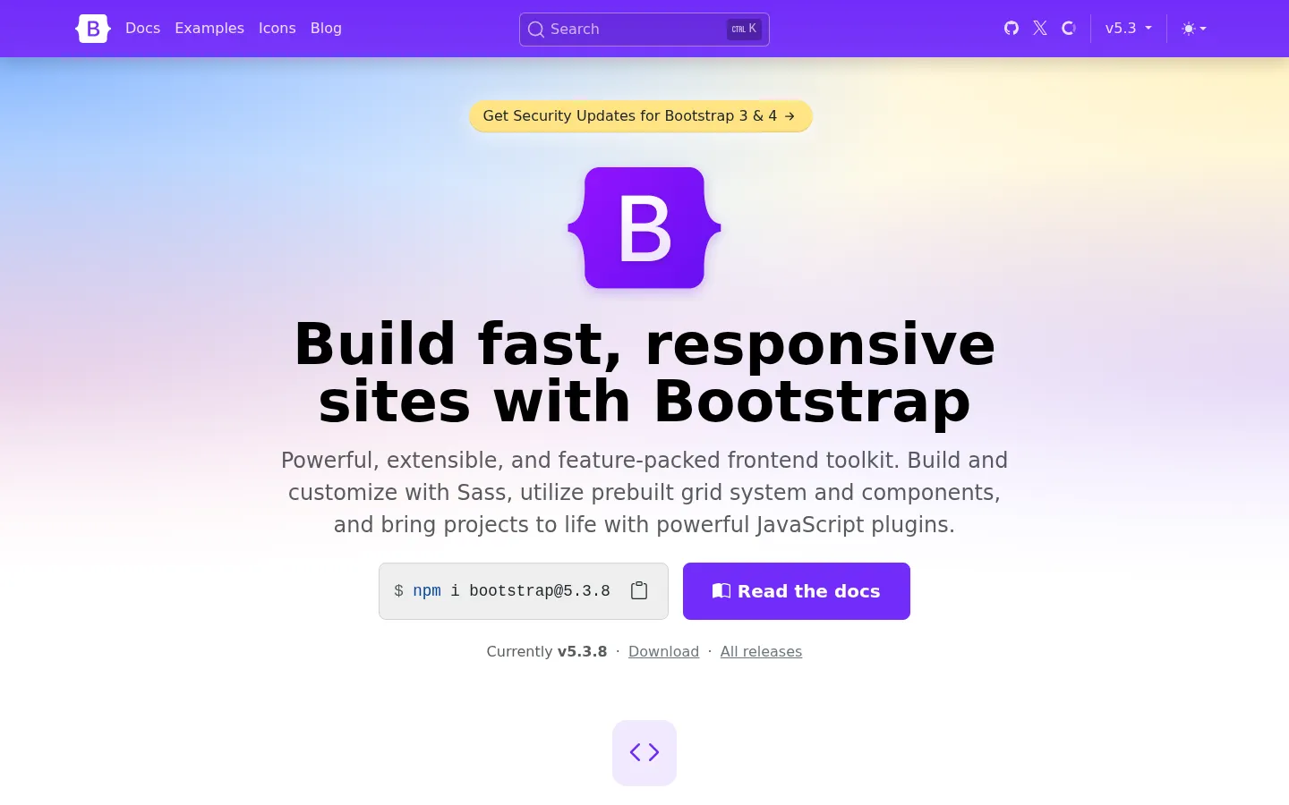Bootstrap · The most popular HTML, CSS, and JS library in the world. 网站预览图