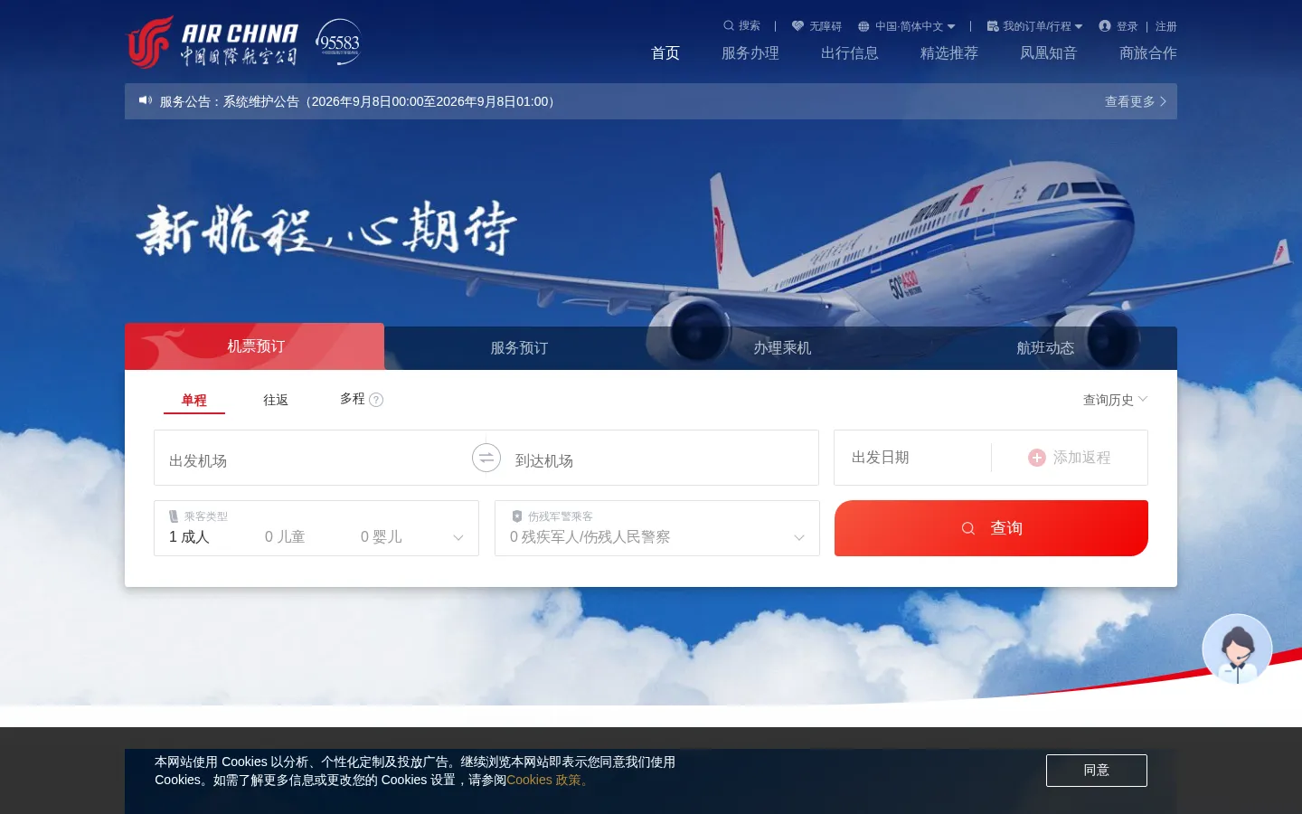 中国国际航空公司-飞机票查询预订_航班查询_最新打折特价机票 网站预览图
