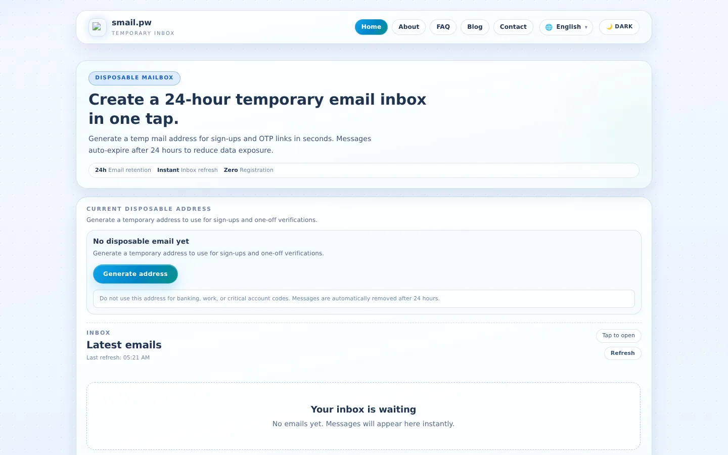 smail.pw Temporary Email (24h) - Free Temp Mail for OTP & Sign-Ups 网站预览图
