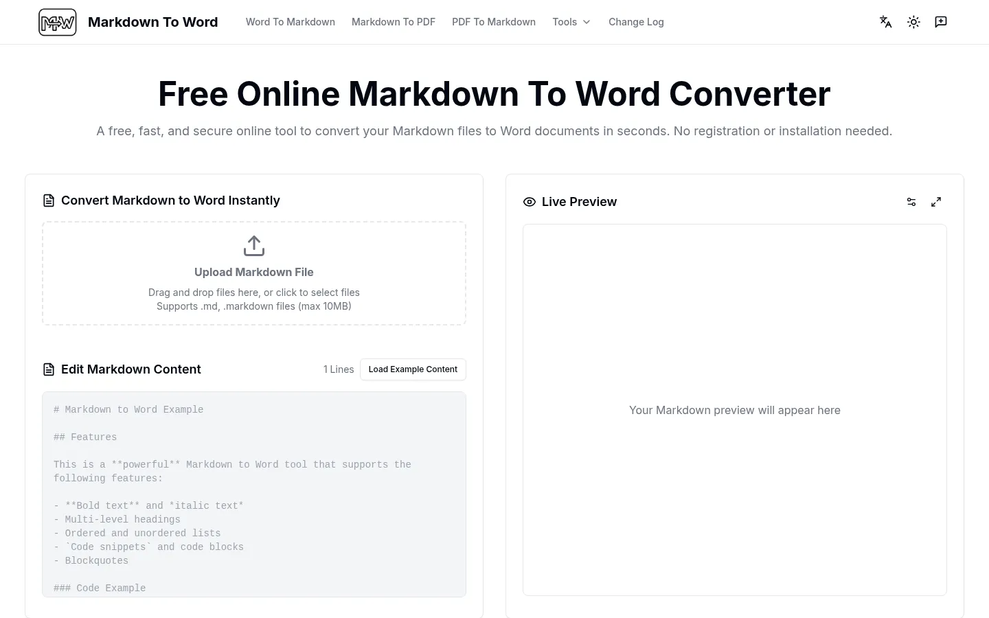 Markdown to Word - Free Online Converter 网站预览图