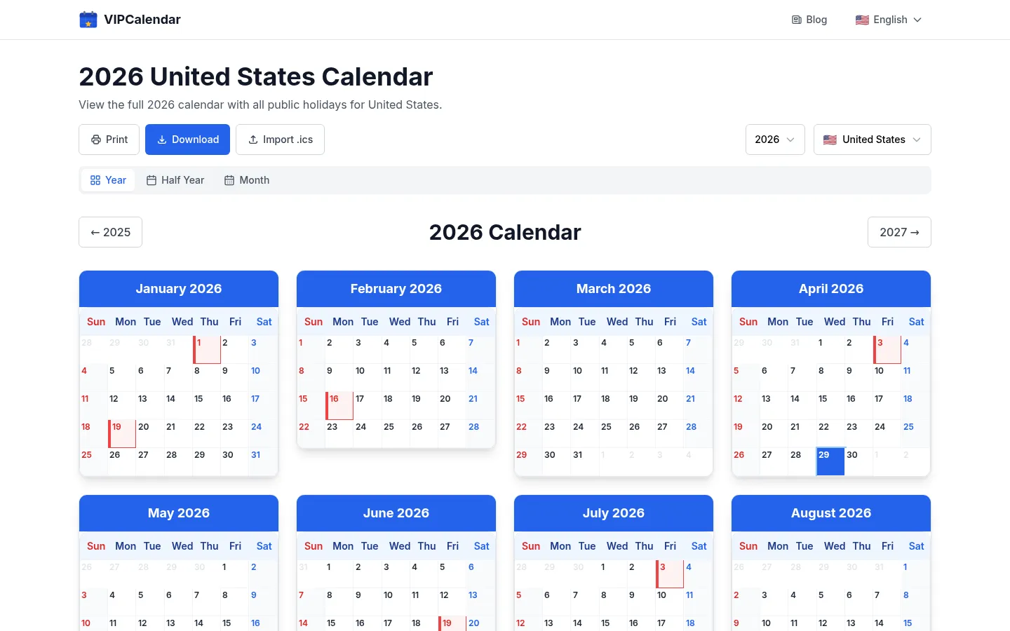 2026 Calendar with Holidays | VIPCalendar 网站预览图