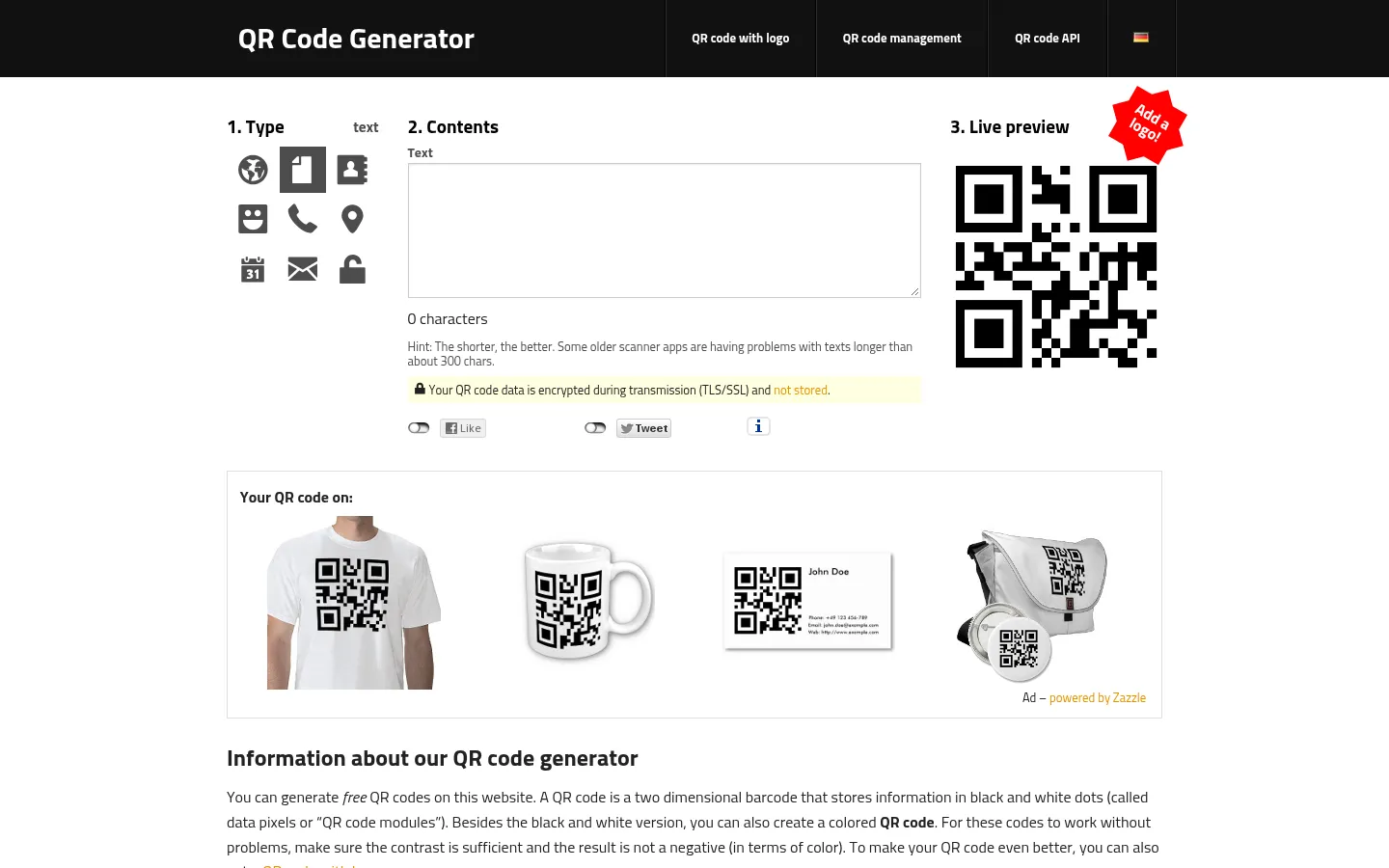 QR Code Generator – create QR codes for free (Logo, T-Shirt, vCard, EPS) 网站预览图