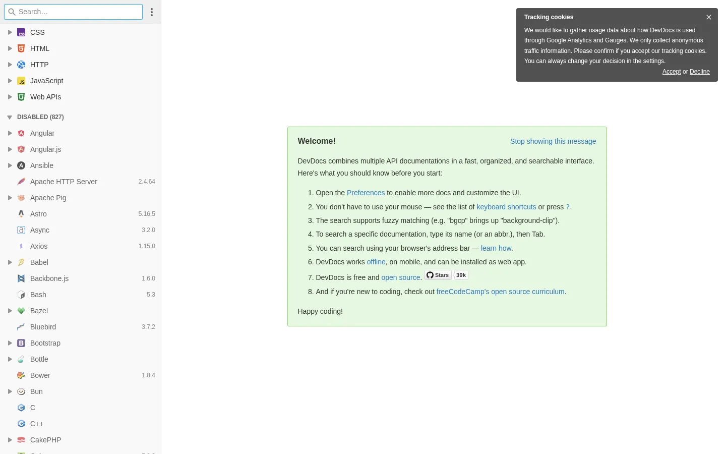 DevDocs API Documentation 网站预览图