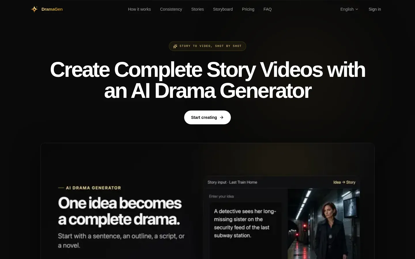 AI Drama Generator: Turn Stories into Videos | DramaGen 网站预览图