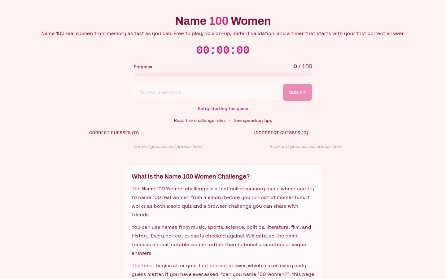 Name 100 Women Game Website | Play the Challenge Online 网站预览图