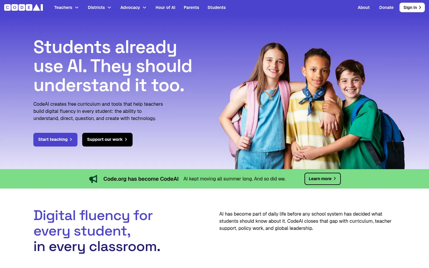Free K–12 Curriculum for Digital Fluency | CodeAI 网站预览图