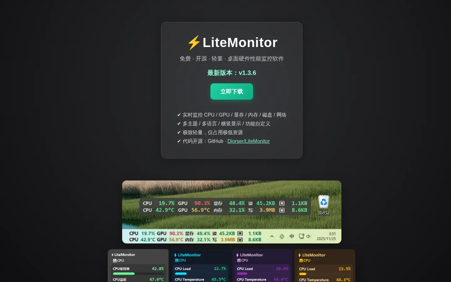 LiteMonitor — 免费的桌面硬件性能监控面板 网站预览图